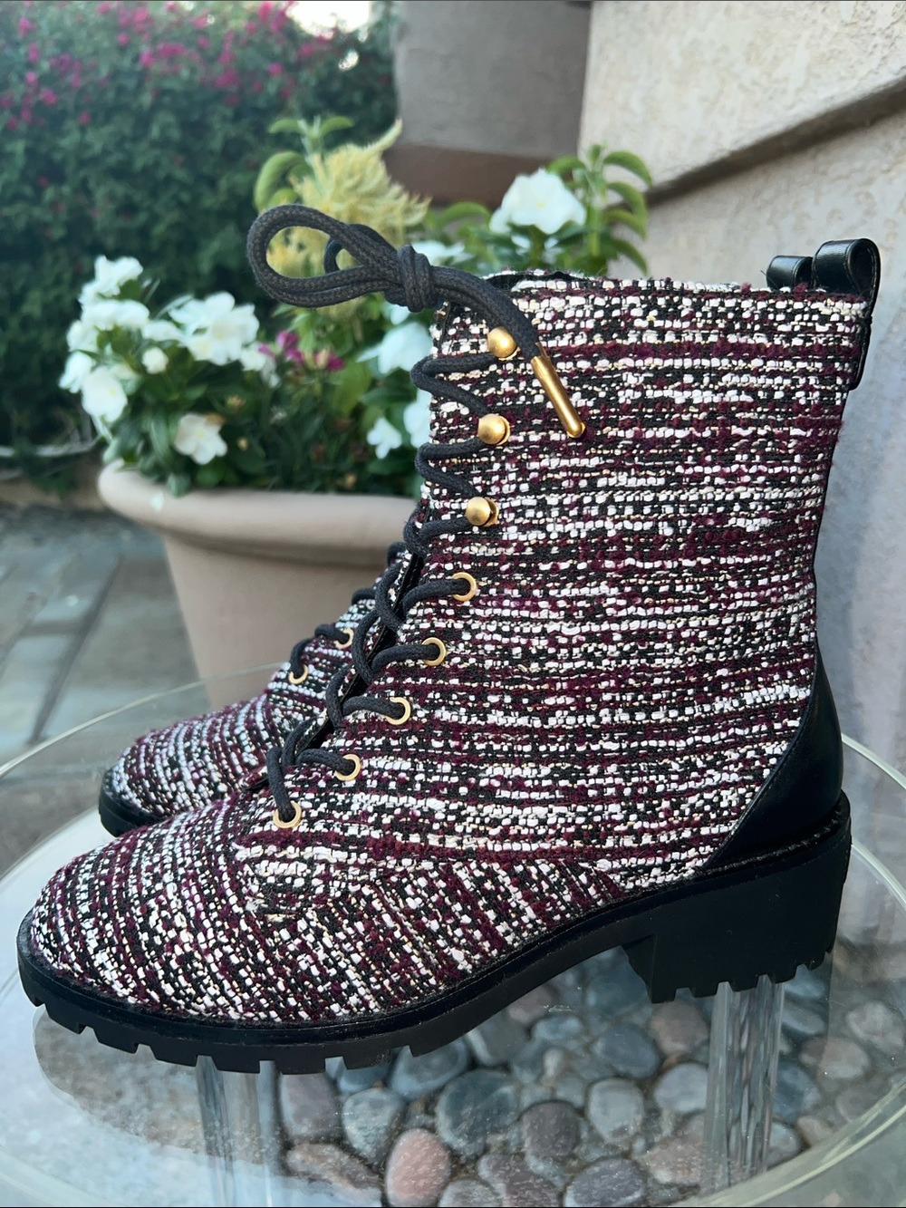 Tory Burch Miller Lug Sole Tweed & Leather Lace Up Boot